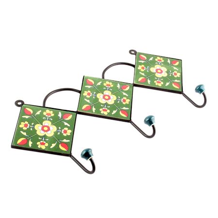 Forest Green Triangle Floral Ceramic Tiles Hooks